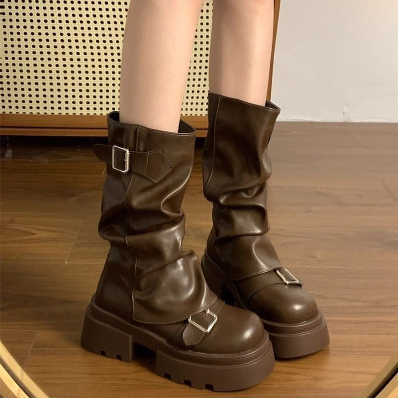 Women Punk Mid Calf Boots Autu - Belt Buckle Blank ulasan dan harga