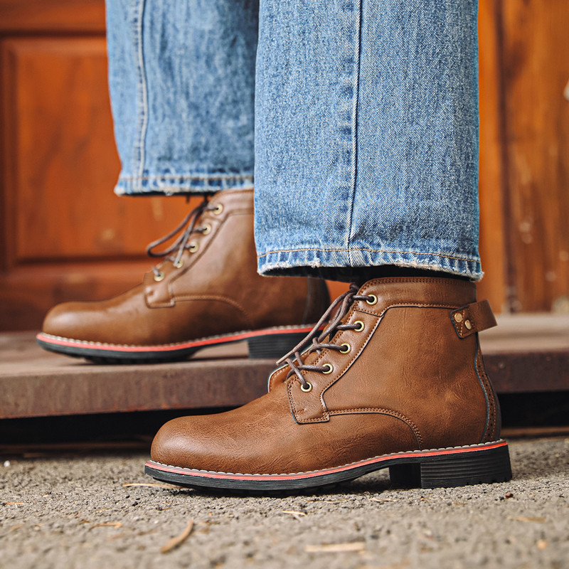 Luxury Retro High Men's Leathe - Leather Work Fabric ulasan dan harga